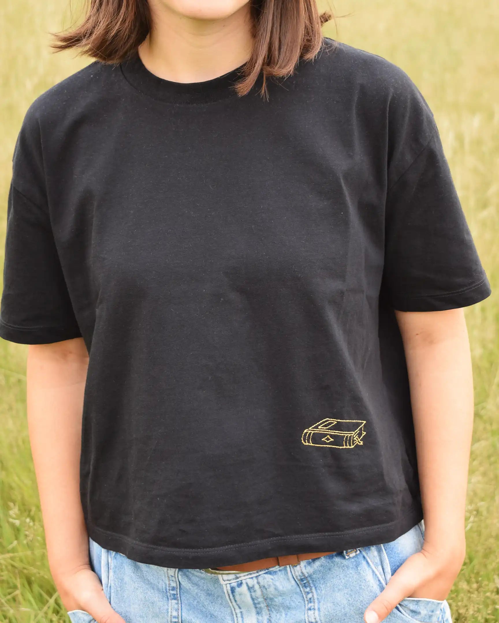 fantasy book embroidery cropped tshirt front view