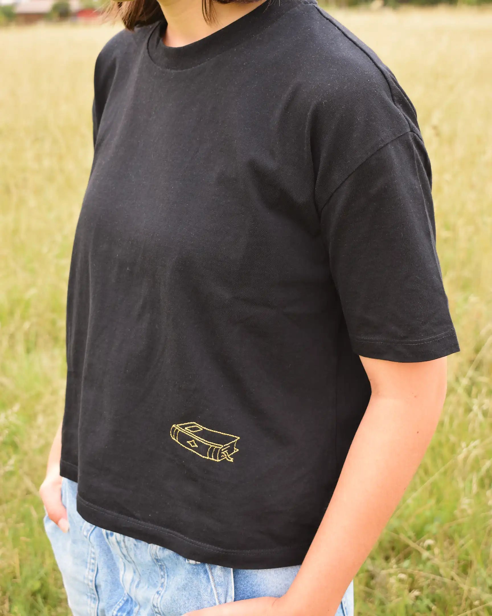 fantasy book embroidery cropped tshirt side view front