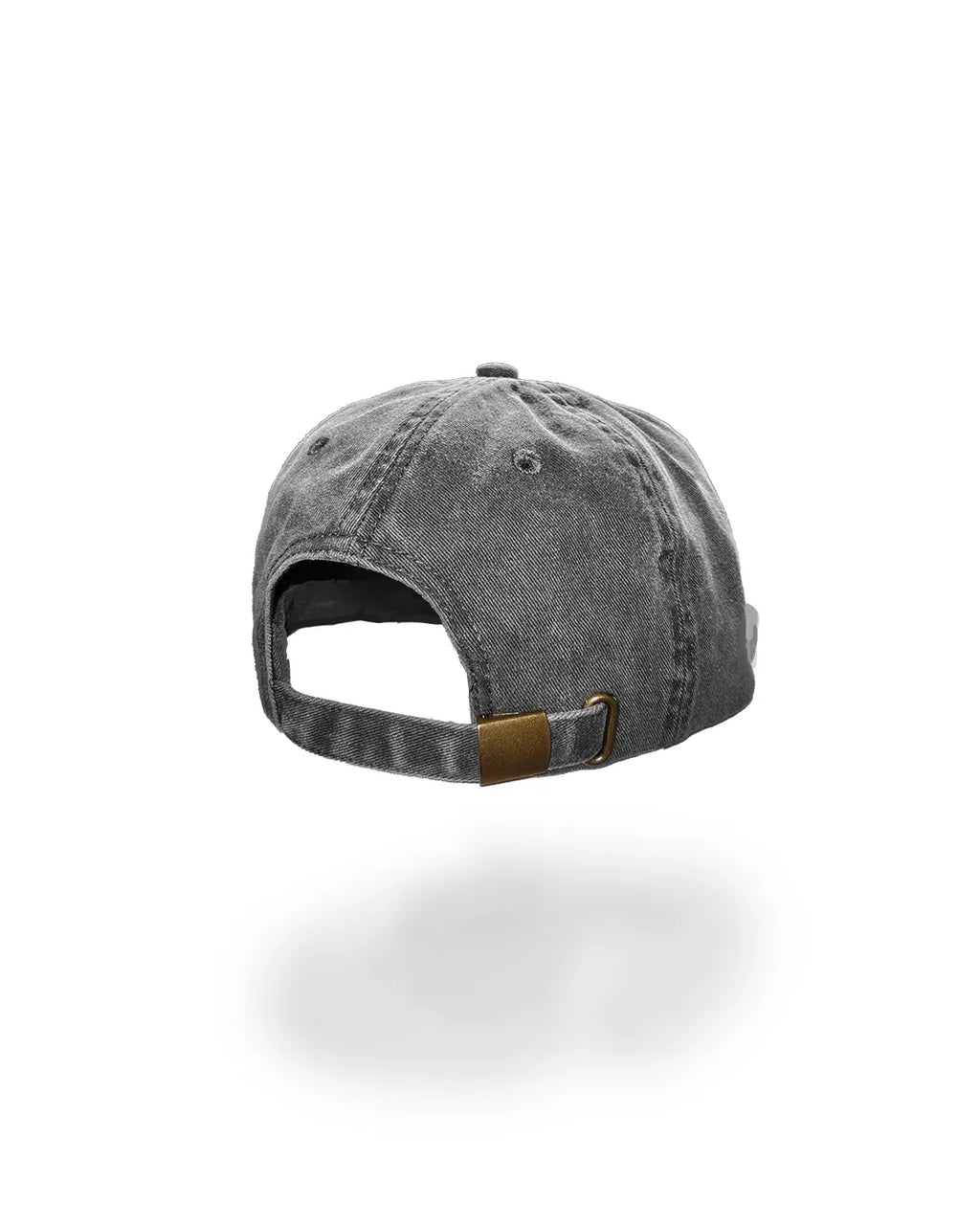 A washed charcoal gray baseball cap shown from the back, featuring a curved strap and metal slider, set against a plain white background with a soft shadow below.