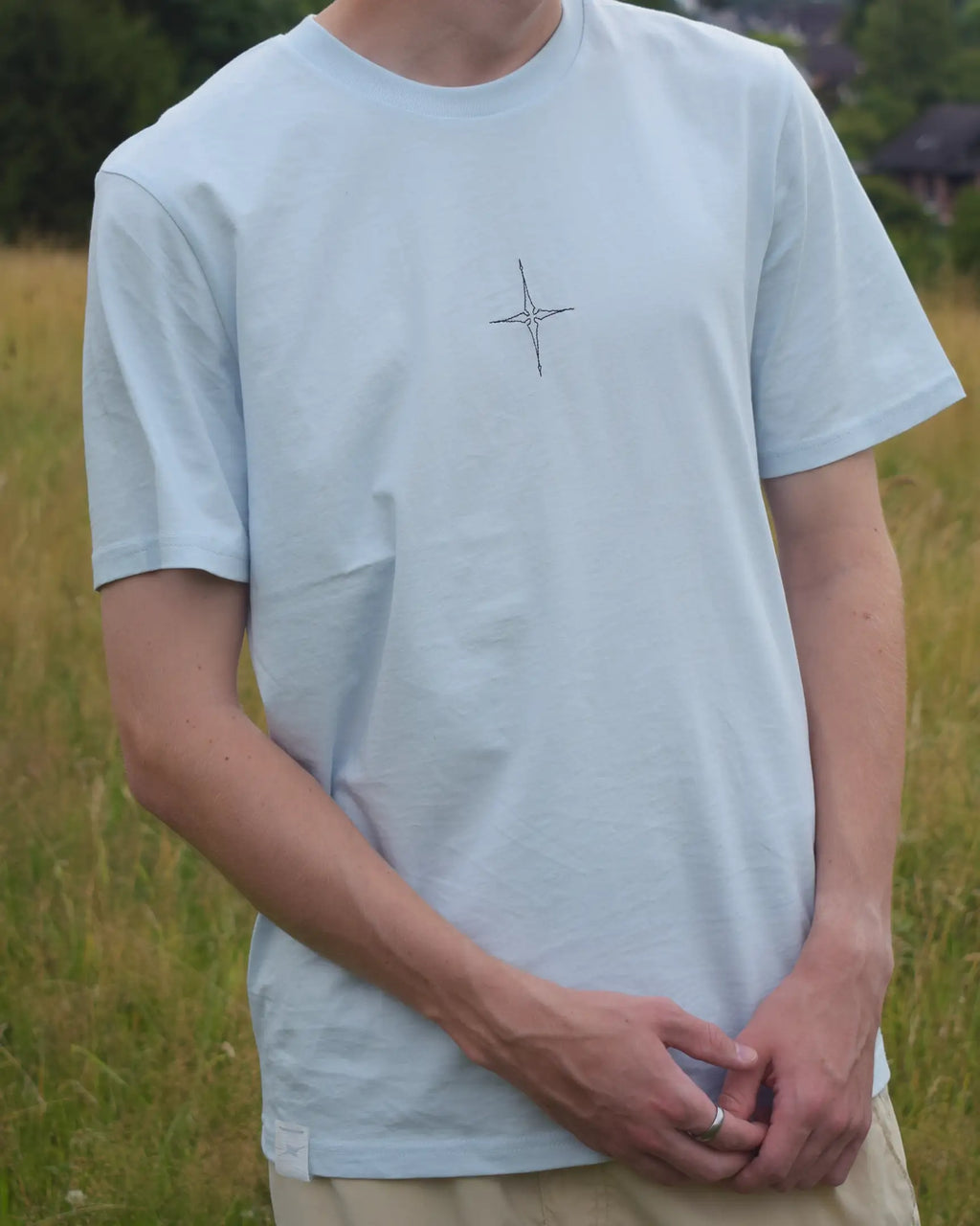 star embroidery tshirt compass design front view tilted