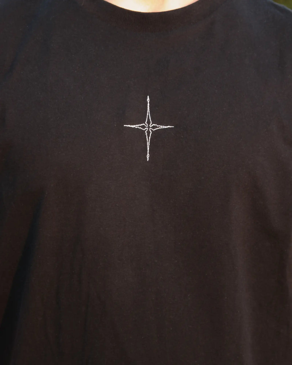 star embroidery tshirt in black close up front