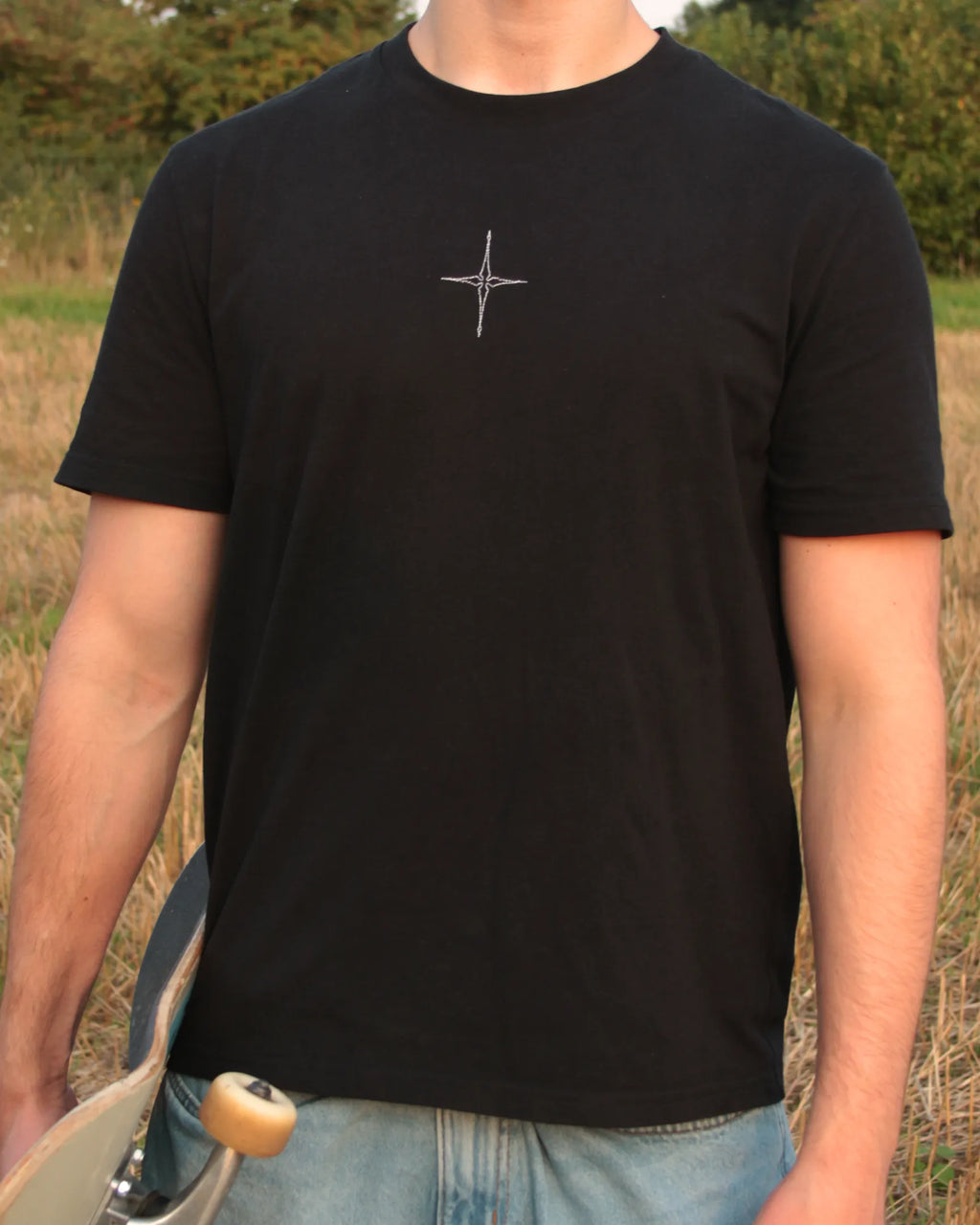 star embroidery tshirt in black front view